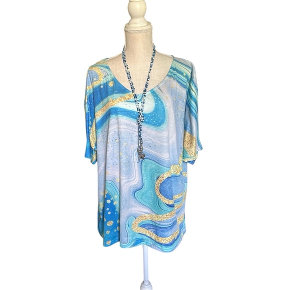 No brand Tops - Aqua Blue & Gold Wavy Swirl Pattern Design Knit Top Short Sleeves Scoop Neck 5XL